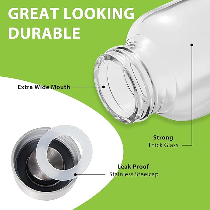 Sursip 24oz Glass Water Bottle Set of 6, Leak Proof Clear glass juice bottle for juicing, Reusable Drinking Bottles with Stainless Steel Lid, Beverage Storage Containers for Refrigerator-BPA Free