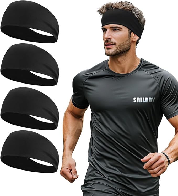 Sport Sweatbands for Men and Womem, 4 Pack, Double-Layer Workout Headbands, Sweat Wicking Hairbands for Fitness Running Football