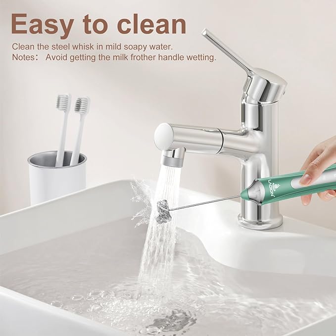 Rechargeable Frother Wand with Stand, Milk Frother with Detachable Stainless Steel Double Rings Whisk, 3-Speed Handheld Electric Drink Mixer for Lattes, Cappuccino, Coffee (Green)