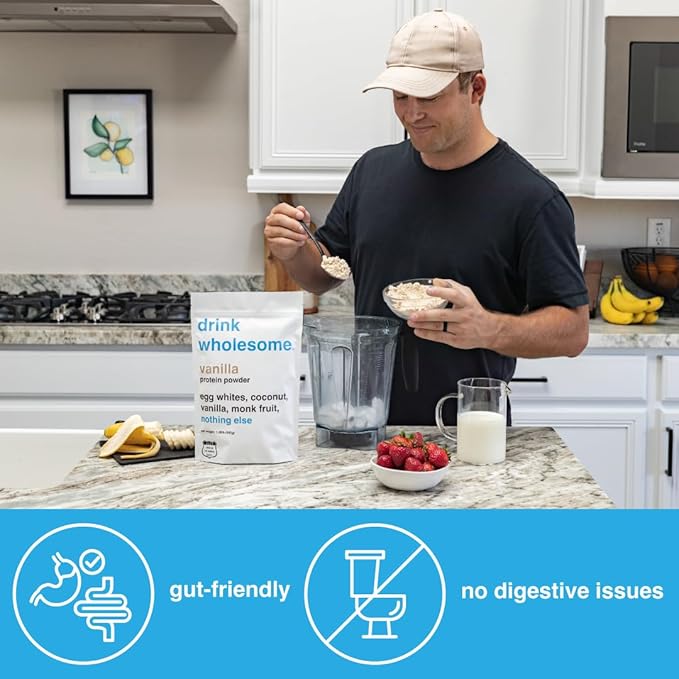 drink wholesome Vanilla Egg White Protein Powder | for Sensitive Stomachs | Gut Friendly | Additive & Dairy Free | No Artificial Sweeteners | No Bloating, Farts or Gas | No Constipation or Diarrhea