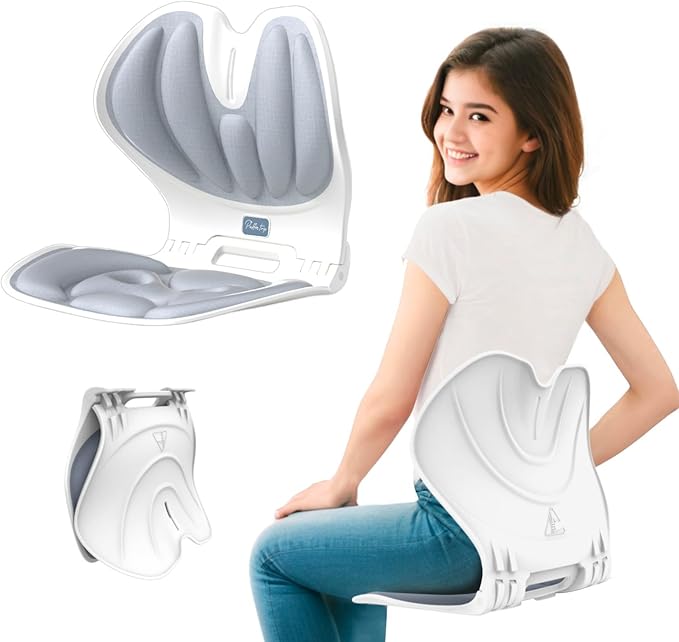 Foldable Lumbar Back Support Chair Ergonomic Curve for Posture Corrector Back Pain Relief Perfect for Floor Seat Officework Homework Small Size for Children Teenagers Youth (Greyblue)