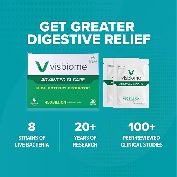 Visbiome® Advanced GI Care - High Potency Probiotic - 450 Billion CFU Live Probiotics, Original De Simone Formulation, 60 Packets of Unflavored Powder.