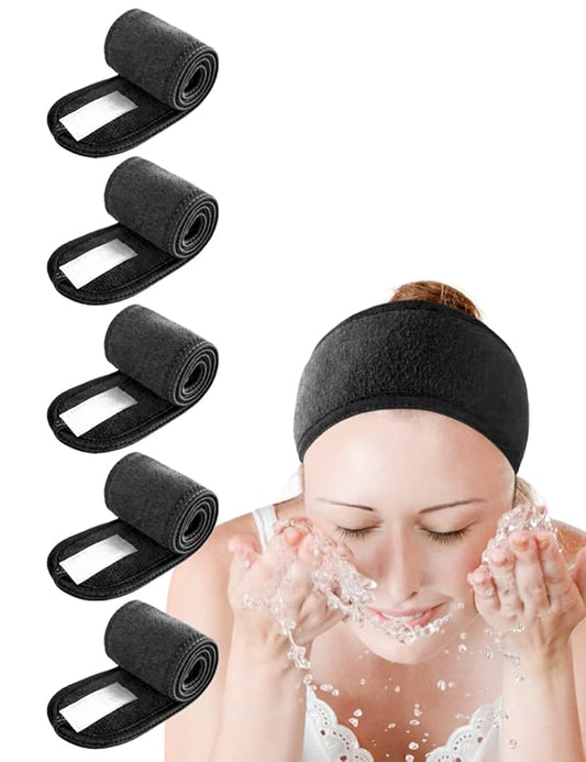 EUICAE Spa Headband 5-Pack Black Sweat Head Towel Wraps - Non-slip Stretchable, Washable for Makeup, Face Wash, Facial Treatment, Sports