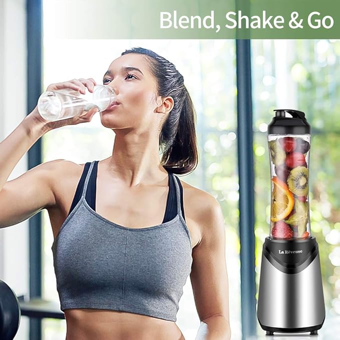 La Reveuse Smoothie Blender Personal Size 300 Watts with 2 Pieces 18 oz BPA-Free Travel Sports Bottles (Silver)