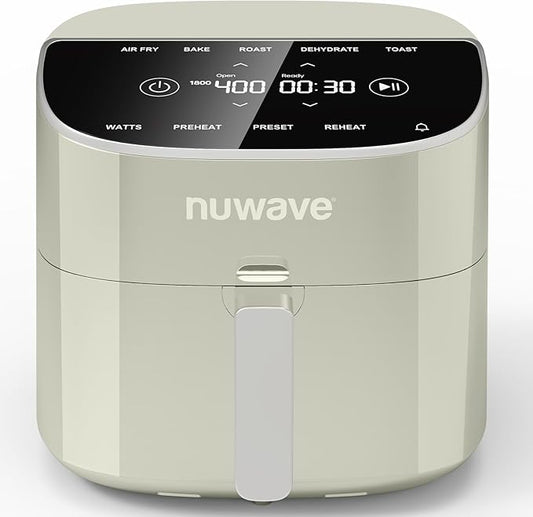 Nuwave Brio Plus 8 Qt Air Fryer, PFAS Free, New & Improved, Digital Touch Screen, Cool White Display, 50°F~400°F in Precise 5°, 5 Cook Functions, 100 Presets & 50 Memory, 3 Wattages 700, 1500, 1800