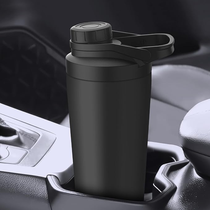 Stainless Steel Shaker Bottle with Noise-Free Design - Patented 24 oz Insulated Metal Shakers Bottles Cup for Protein Mixes and Pre Workout 100% Leak Proof (Black)