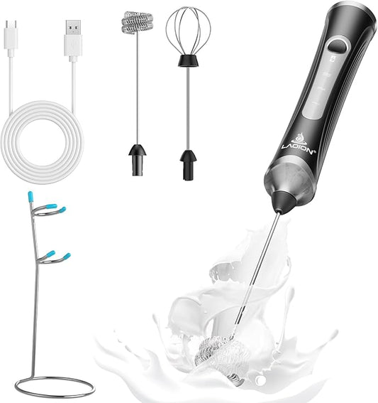 Rechargeable Frother Wand with Stand, Milk Frother with Detachable Stainless Steel Double Rings Whisk, 3-Speed Handheld Electric Drink Mixer for Lattes, Cappuccino, Coffee
