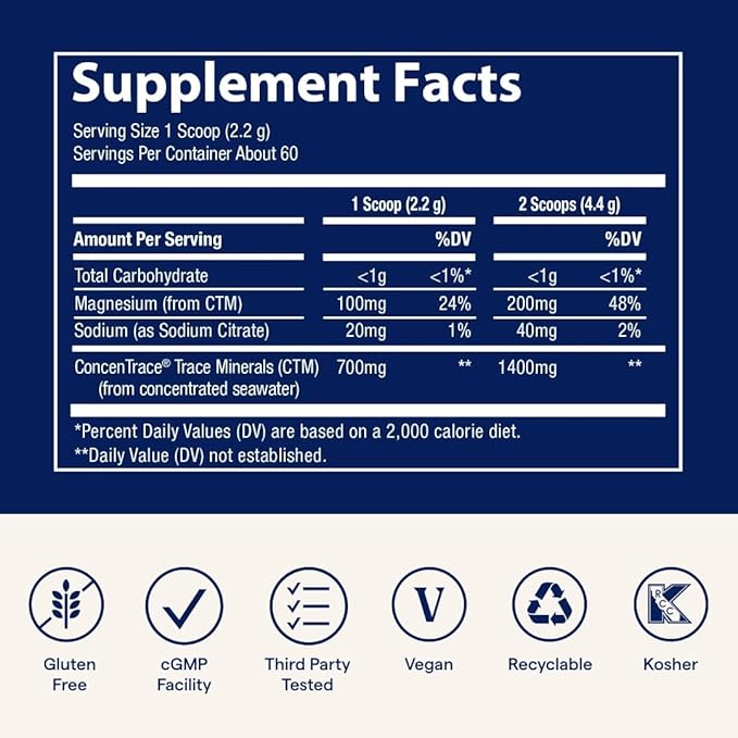Trace Minerals ConcenTrace Daily Mineral Powder 60 Servings - 700mg of ConcenTrace per Serving (About 15 Drops) Full Spectrum for Whole Body Wellness- Blue Acai Flavor