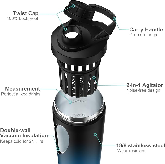 Stainless Steel Shaker Bottle with Noise-Free Design - Patented 24 oz Insulated Metal Shakers Bottles Cup for Protein Mixes and Pre Workout 100% Leak Proof (Dark Navy)