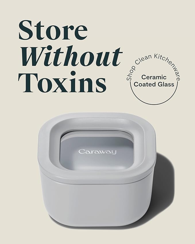 Caraway 6pc Food Storage Container Set - 1.75 Cup Glass Storage Container for Food (6) - Non-Toxic Ceramic-Coated Glass - Air Release Technology - Compact & Stackable Design - Gray