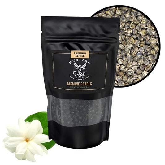 Revival Tea Company Jasmine Tea Pearls - Hand-Rolled Green Tea Scented with Jasmine Flowers - 4.5 Ounces