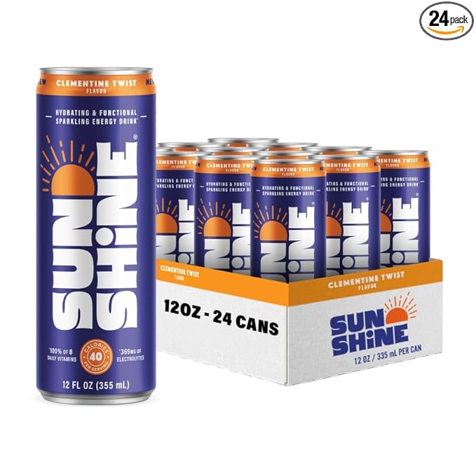 Sunshine Sparkling Energy Drink, Clementine Twist with Daily Essential Vitamins, 360mg of Electrolytes, 70mg of Natural Caffeine, 12 Fl Oz (Pack of 24)