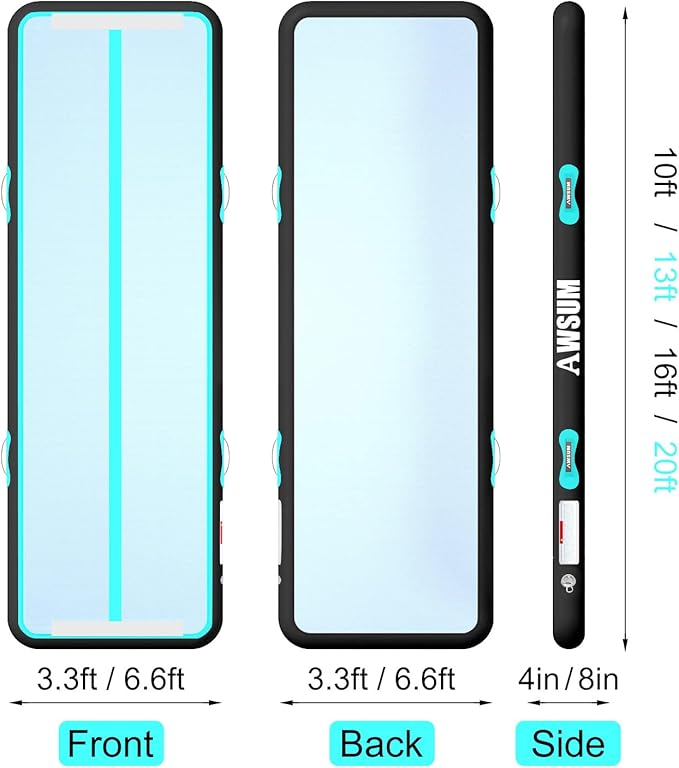 AWSUM Inflatable Air Gymnastics Mat 10ft/13ft/16ft/20ft/23ft Training mat 4/8 inches Thick tumbling mat with Electric Pump for Home/Gym/Outdoor