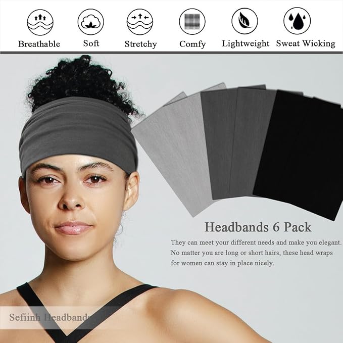 Wide Headbands For Women Stretch Headband Boho Head Bands Women's Hair Band Turban Workout Hairband Accessories Black Gray 6 Pack