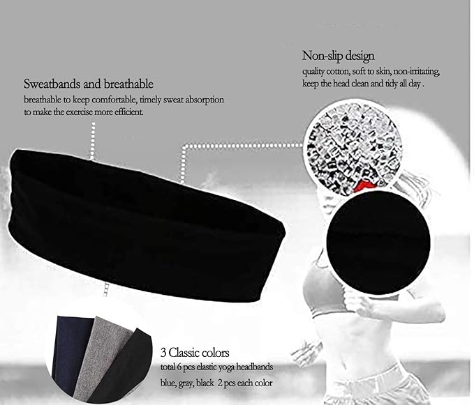 DERAYEE Black Headbands, 6 Pcs Fashion Hair Bands Stretch Elastic Yoga Headband for Women Men Girls Sports Headwraps Non Slip