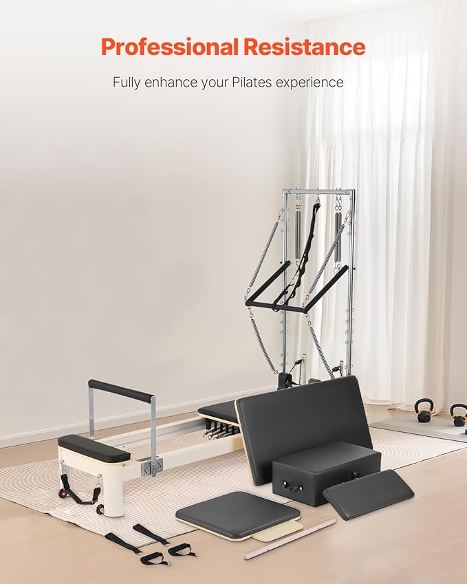 VEVOR Pilates Reformer Machine, Pilates Workout Equipment for Home Gym Studio Use, Pilates Bed with Dual Resistance- Spring & Cord, Reformer Set, Up to 400 LBS