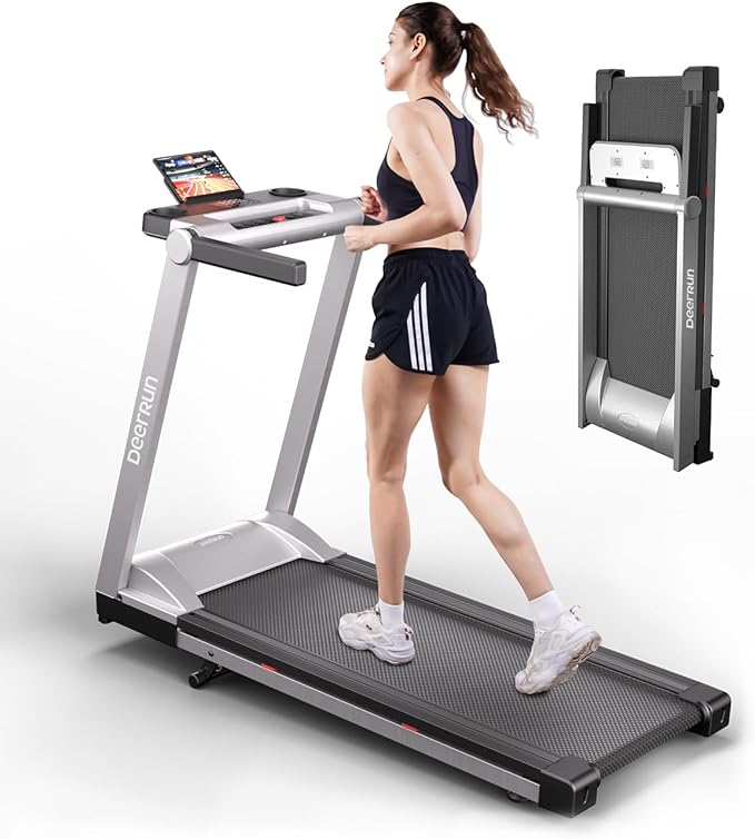 DeerRun Treadmills for Home with Incline and Handles, 3.5 HP Foldable Treadmill 350 LBS Weight Capacity for Small Spaces, Folding Running Machine with Smart APP