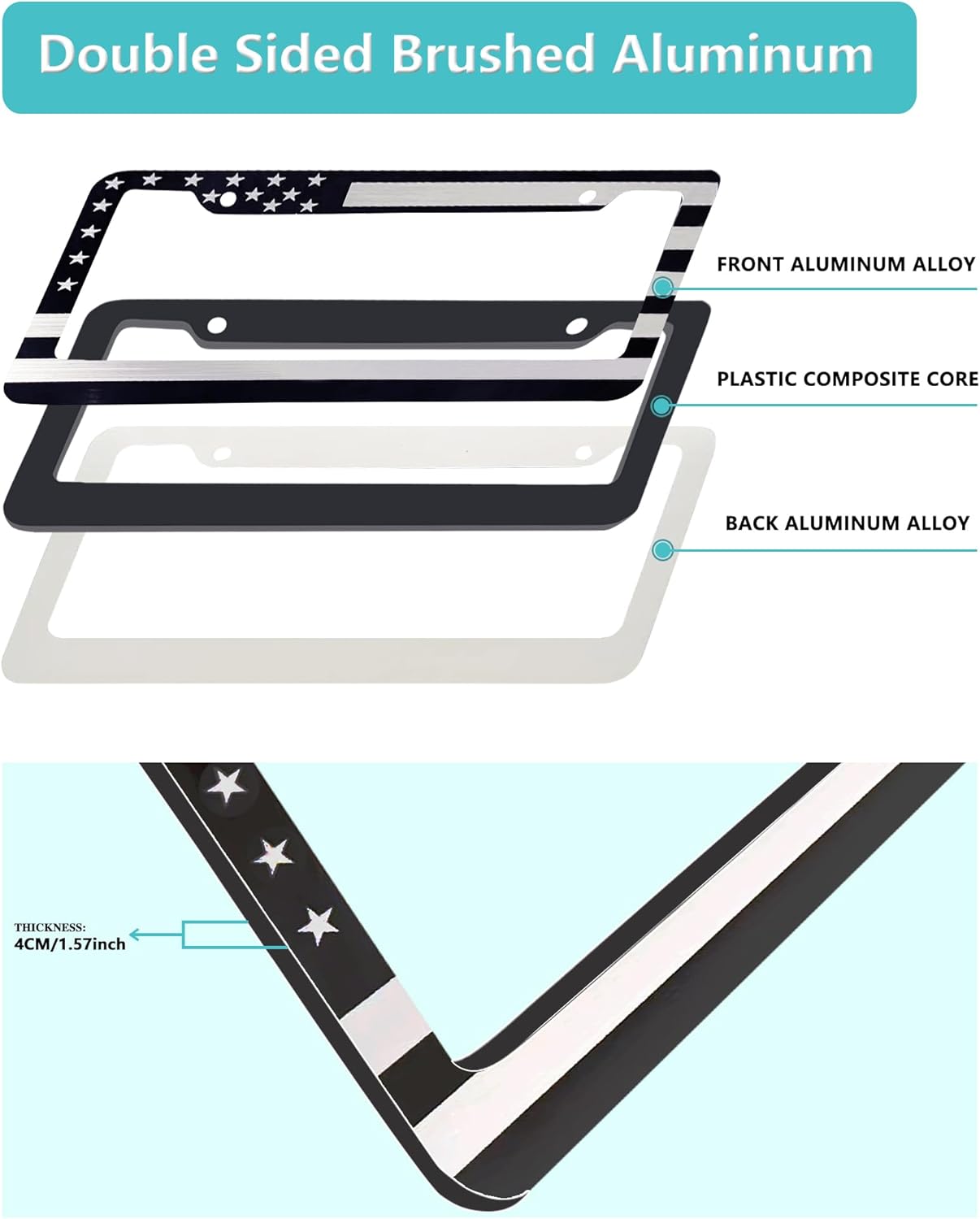 American Flag License Plate Frame- Black Front Rear Patriotic USA Car Tag Frames, 2 Pack 2 Hole Heavy Duty Brushed Aluminum Plastic Composite Holder with Screws Caps