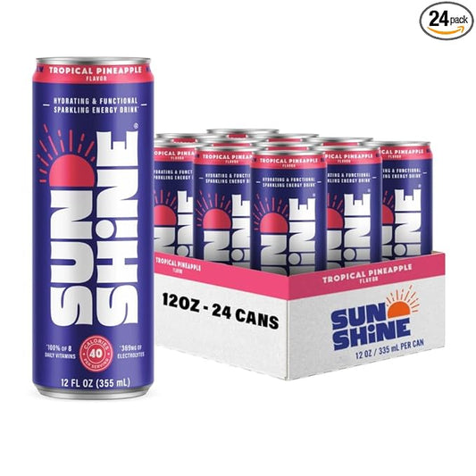Sunshine Sparkling Energy Drink, Tropical Pineapple with Daily Essential Vitamins, 360mg of Electrolytes, 70mg of Natural Caffeine, 12 Fl Oz (Pack of 24)