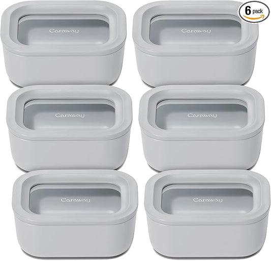 Caraway 6pc Glass Food Storage Set - 2.6 Cup Storage Containers For Food (6) - Non-Toxic Ceramic-Coated Glass - Air Release Technology - Compact & Stackable Design - Gray