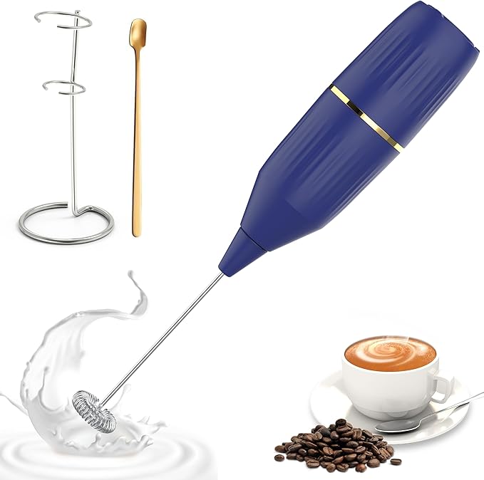 Handheld Milk Frother 14,000 RPM Drink Mixer Wand with Stand & Stirring Spoon Quiet One-Button Operation, Non-Slip Handle, Detachable Whisk Head for Coffee, Lattes, Cappuccinos, Matcha (Blue)