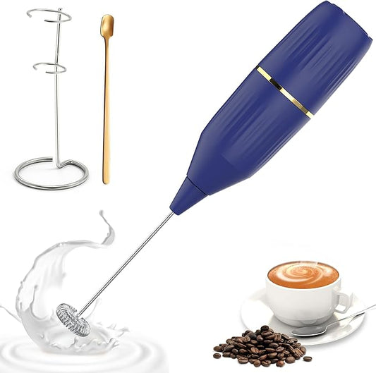 Handheld Milk Frother 14,000 RPM Drink Mixer Wand with Stand & Stirring Spoon Quiet One-Button Operation, Non-Slip Handle, Detachable Whisk Head for Coffee, Lattes, Cappuccinos, Matcha (Blue)