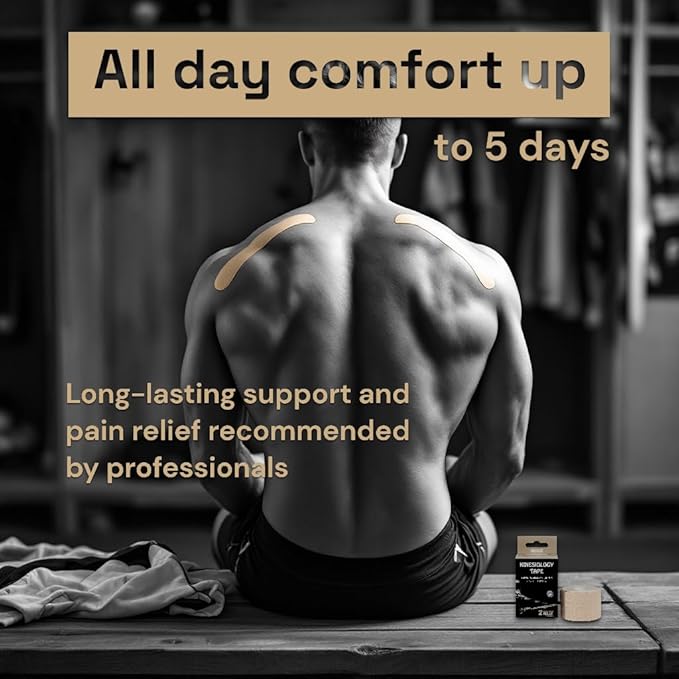 JLB Kinesiology Tape – 2 Rolls (16ft Each) – Strong Adhesion, Waterproof & Sweatproof – Latex-Free Sports Tape for Pain Relief, Muscle Support & Recovery – Physical Therapy & Athletic Tape (Beige)