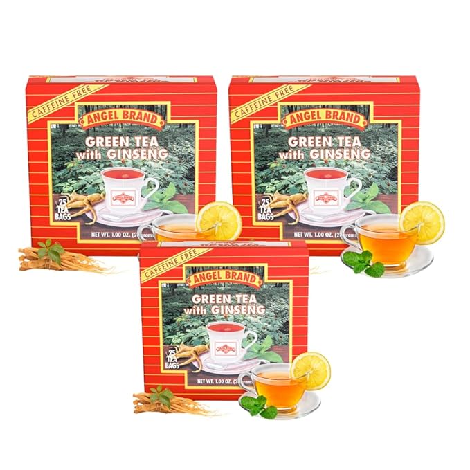 Angel Brand Green Tea with Ginseng Tea Bags 25 – Pack of 3 – Energizing & Antioxidant-Rich Herbal Blend & Ginseng Root - Balanced Flavor & Rich Nutrients With Health Benefits