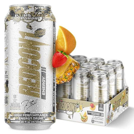 REDCON1 Energy Drink - 200mg Caffeine Drink with L-Carnitine & Taurine - High Performance Energy Drinks with Nootropics - Prime Time Punch (12 Count)