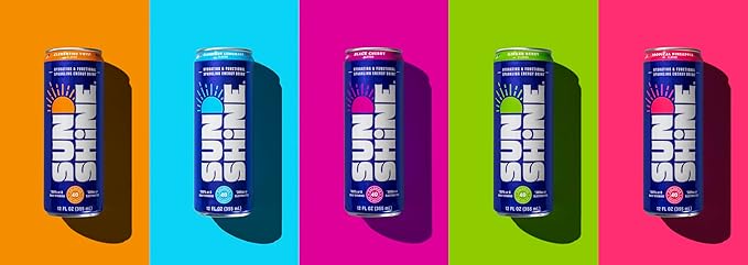 Sunshine Sparkling Energy Drink, Clementine Twist with Daily Essential Vitamins, 360mg of Electrolytes, 70mg of Natural Caffeine, 12 Fl Oz (Pack of 12)