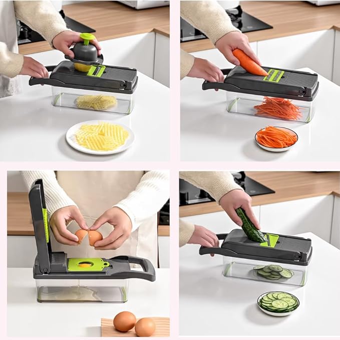 16-in-1 Ultimate Vegetable Chopper & Mandoline Slicer – Multi-Blade Food Dicer, Spiralizer, Grater & Cutter with Container – Kitchen Gadget for Fruits, Veggies, Cheese – Black & Green