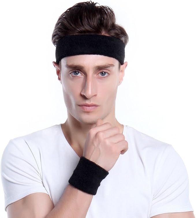 BEACE Sweatbands Sports Headband for Men & Women - Moisture Wicking Athletic Cotton Terry Cloth Sweatband for Tennis, Basketball, Running, Gym, Working Out