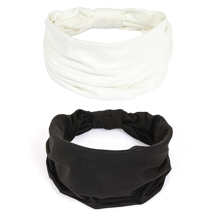 GILI 2 Pack Wide Headbands for Women Boho African Knotted Non Slip Fashion Hair Bands Yoga Running Sports Workout Gym Head Wraps Elastic Soft Cotton Cloth Turbans Bandana for Girls (White,Black)
