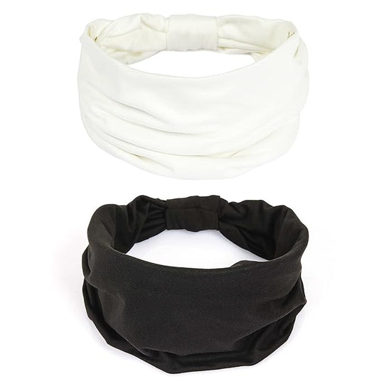 GILI 2 Pack Wide Headbands for Women Boho African Knotted Non Slip Fashion Hair Bands Yoga Running Sports Workout Gym Head Wraps Elastic Soft Cotton Cloth Turbans Bandana for Girls (White,Black)
