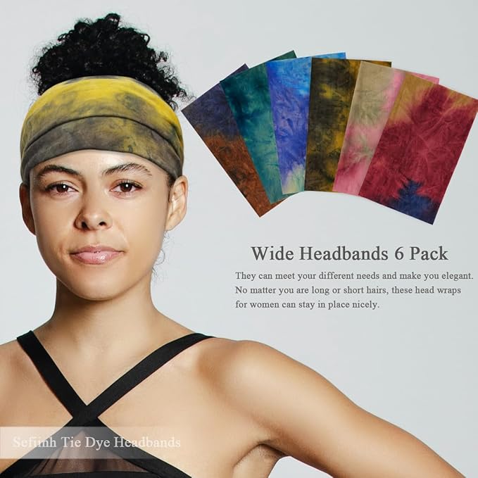 Wide Headbands For Women Stretch Headband Boho Head Bands Women's Hair Band Turban Workout Hairband Accessories Tie Dye 6 Pack
