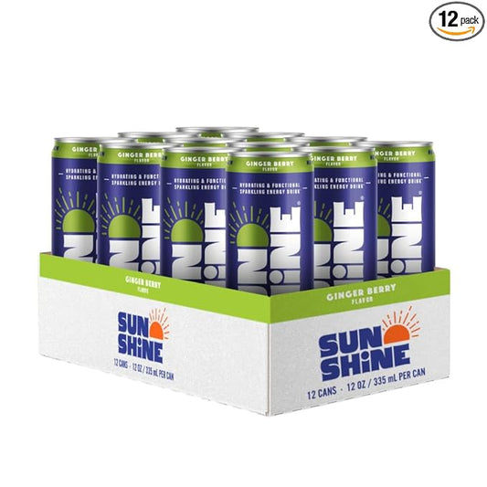 Sunshine Sparkling Energy Drink, Ginger Berry with Daily Essential Vitamins, 360mg of Electrolytes, 70mg of Natural Caffeine, 12 Fl Oz (Pack of 12)