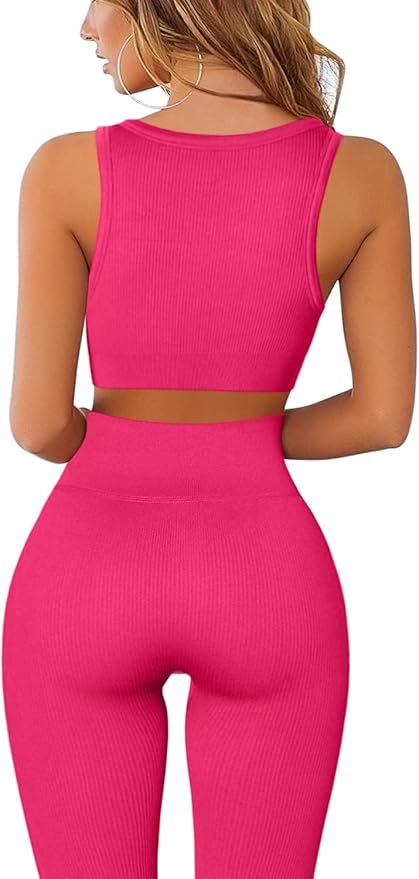 QINSEN Workout Outfits for Women 2 Piece Ribbed Seamless Crop Tank High Waist Yoga Leggings Sets