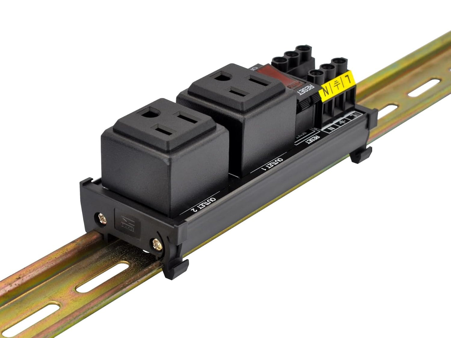 DIN Rail Mount AC 120V NEMA 5-15R Double Receptacles Outlet Power Strip Module, with Rocker Switch Thermal Circuit Breaker Overload Protector