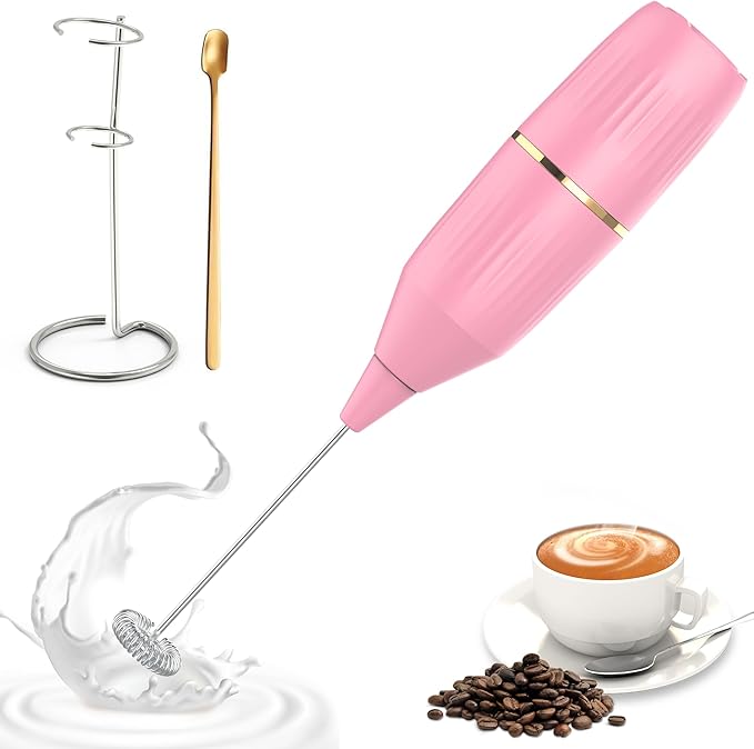 Handheld Milk Frother 14,000 RPM Drink Mixer Wand with Stand & Stirring Spoon Quiet One-Button Operation, Non-Slip Handle, Detachable Whisk Head for Coffee, Lattes, Cappuccinos, Matcha (Pink)