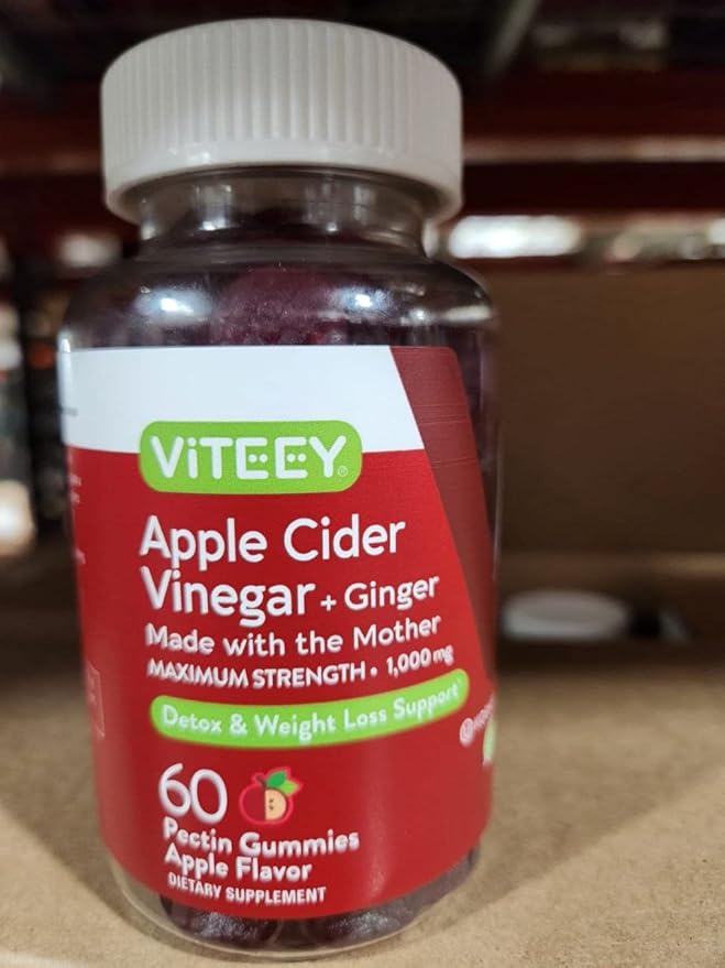 Viteey Apple Cider Vinegar Gummies and Ginger – 1000 mg ACV Gummies for Weight Loss, Detox and Digestion – Vegan, Gluten-Free – 60 Count