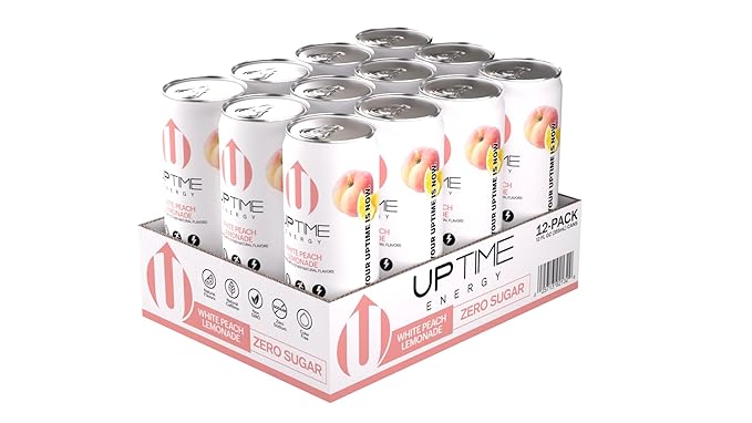 UPTIME Energy Drink, White Peach Lemonade Sparkling, 12 Pack, Vitamin C, L Theanine, Calcium, Sugar Free Energy Drinks for Focus Support, 142mg of Natural Caffeine, 5 Calories, Clean, 12 fl oz Cans