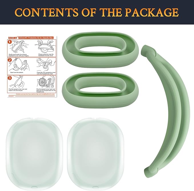 SOULWIT Protective Kit for AirPods Max, Headband Cover + TPU Case Protector + Silicone Ear Pads Cover, Sweatproof Accessory, Easily Washable, Anti-Scratch (Green)