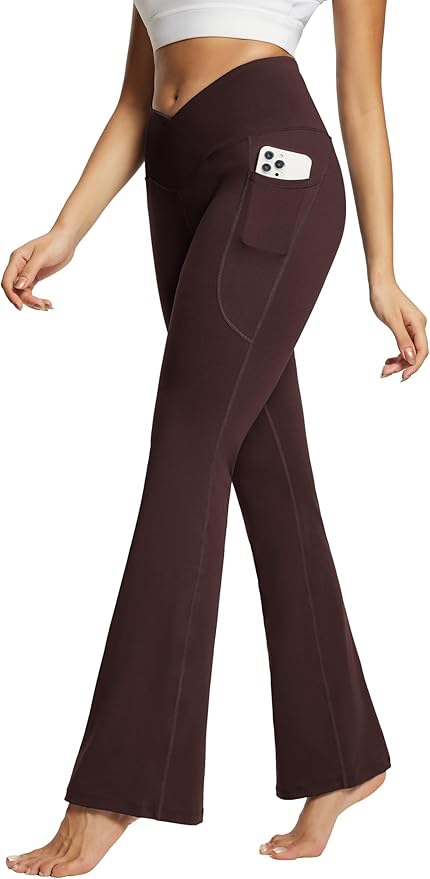 baleaf Women's V Crossover Flare Leggings with Pockets Yoga Pants High Waist Casual Workout Gym Bell Bottom Leggings