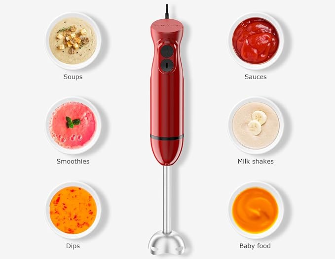 Bonsenkitchen Hand Blender, Immersion Blender with 2 Mixing Speed, Portable Electric Handheld Stick Mixer with Stainless Steel Blades for Soup, Smoothie, Puree, Baby Food, Red
