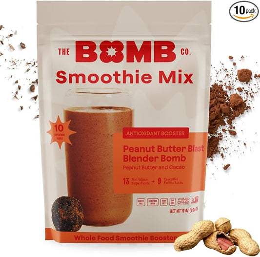 The Bomb Co. Blender Bomb, Peanut Butter Blast, Superfood Smoothie Mix with Chia Seeds, Hemp Seeds, Peanuts, & Amino Acids for Antioxidants, Gluten Free, High Fiber, 10 Servings
