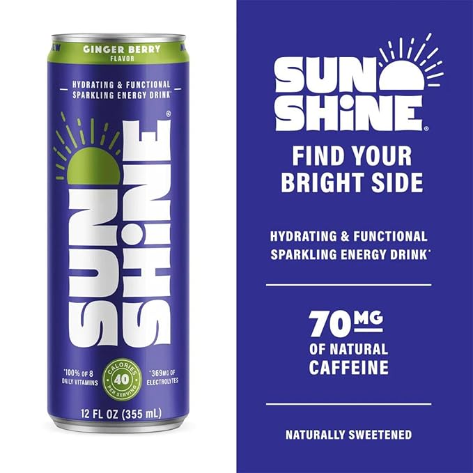 Sunshine Sparkling Energy Drink, Ginger Berry with Daily Essential Vitamins, 360mg of Electrolytes, 70mg of Natural Caffeine, 12 Fl Oz (Pack of 24)