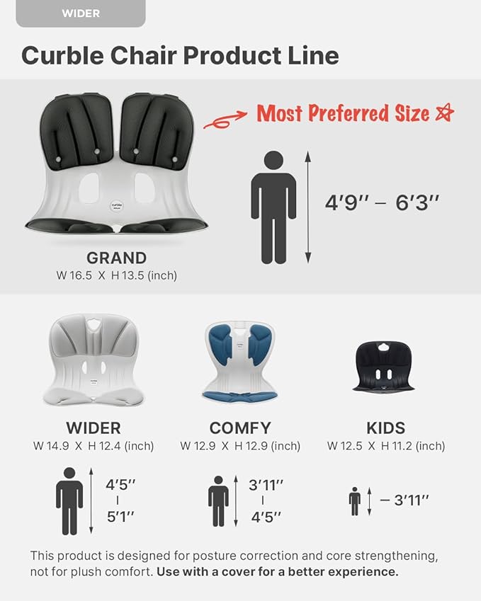 Curble Wider(Standard Wide) – Ergonomic Lower Back Support, Lumbar Support Back Posture Corrector for Low Back Pain Relief, Perfect for Home Office Desk Chair, and Floor Seat, Patented (Black)