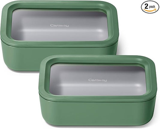 Caraway 2pc Glass Food Storage Set - 6.6 Cup Food Containers (2) - Ceramic Coated - Non Toxic, Non Stick Lunch Box with Lids. Dishwasher, Oven, & Microwave Safe - Sage