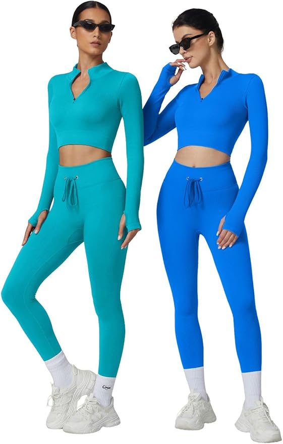 QINSEN Workout Sets for Women 2 Piece Seamless Long Sleeve Crop Tops Ribbed High Waist Leggings