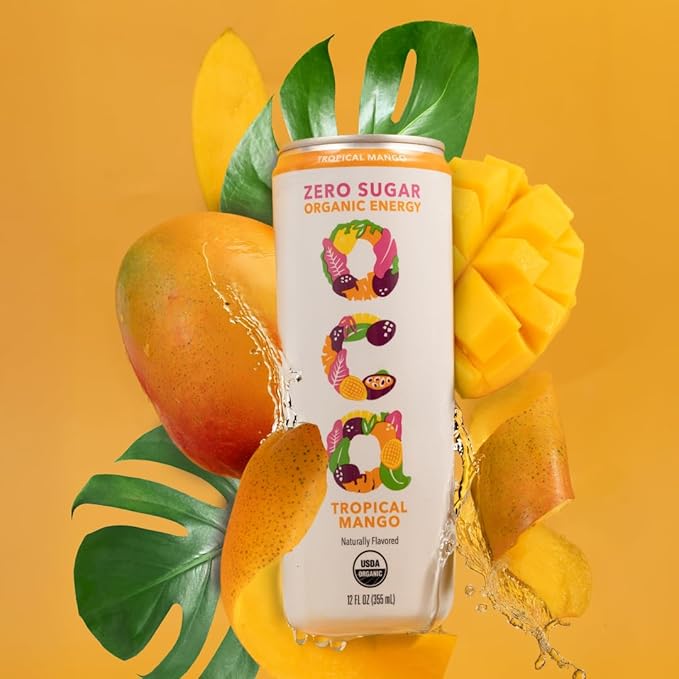 OCA ZERO Tropical Mango, Organic energy drink, zero sugar, gluten-free, vegan plant-based, 12 Fl Oz (12-pack)